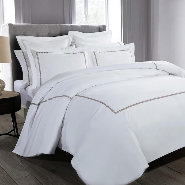 Embroidered Taupe King Duvet Cover, Hotel Collection Linen Duvet Cover White King