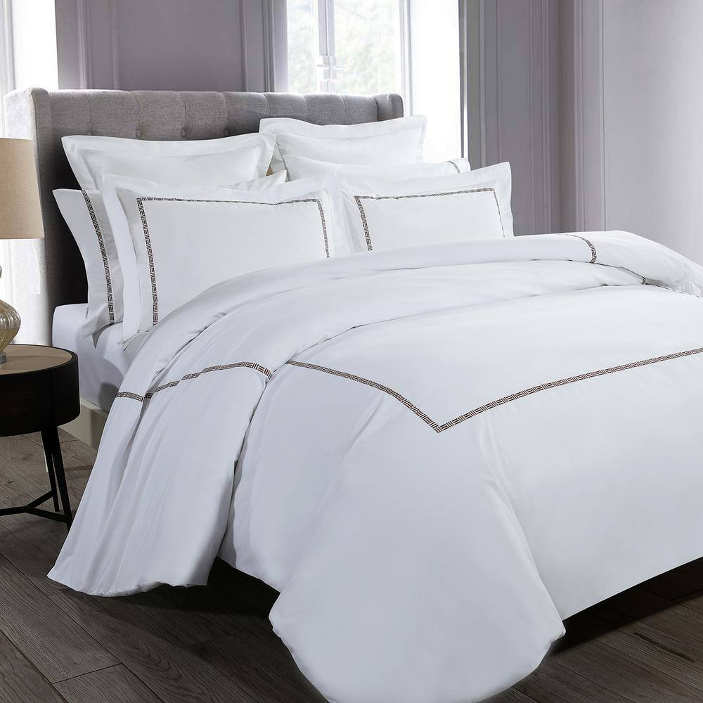 Queen White and Taupe Cotton Embroidered Sheet Set