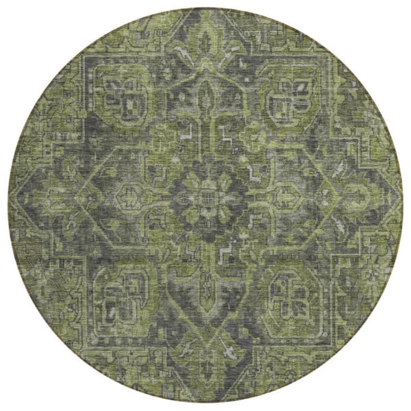 HomeRoots Moss Green and Gray 8 ft. Round Woven Oriental Round Indoor/Outdoor Area Rug