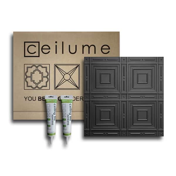 Ceilume Nantucket 2 ft. x 2 ft. Glue Up Vinyl Ceiling Tile and Backsplash Kit in Black (21 sq. ft./case)