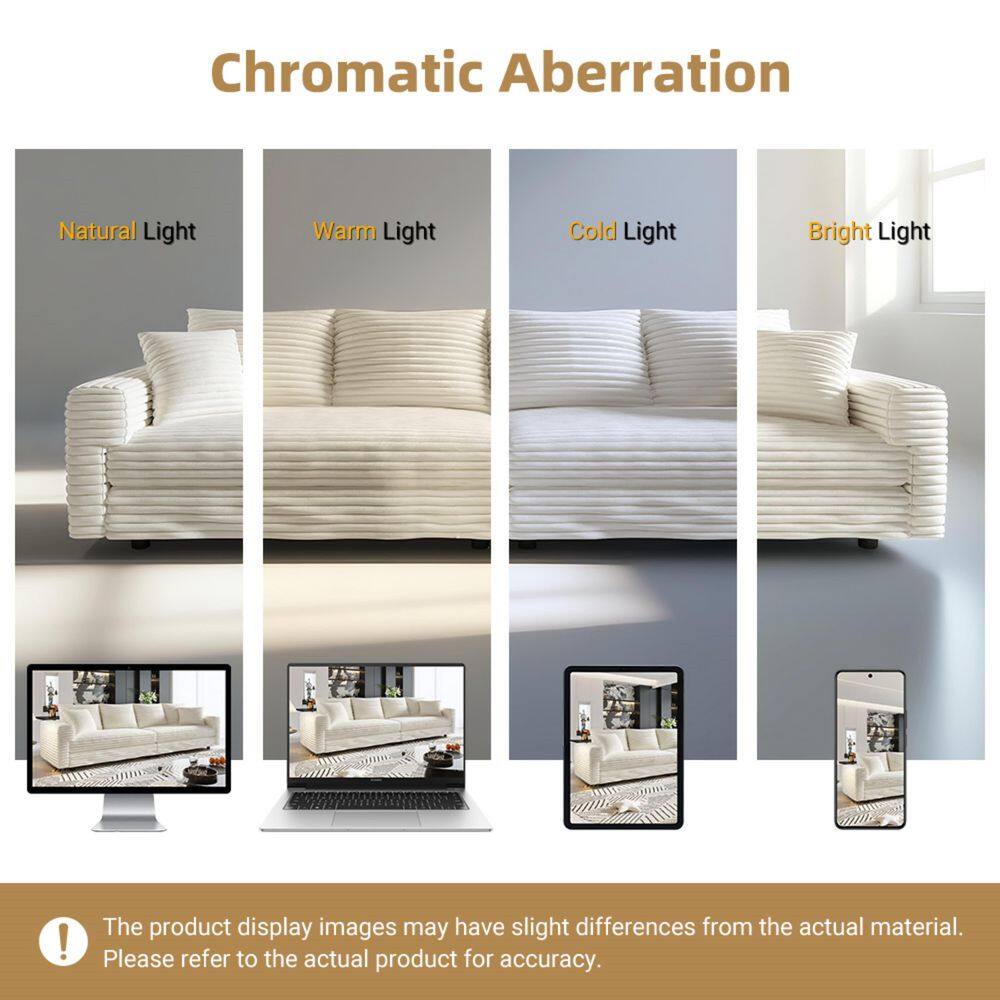 Comparison of the sofa under different lighting conditions: Natural, Warm, Cold, and Bright Light.