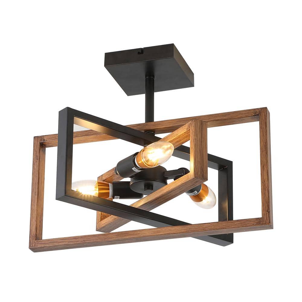 15.7 in. 3-Light Farmhouse Rustic Rectangle Semi Flush Mount Ceiling Light