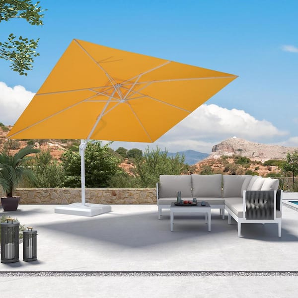 PURPLE LEAF 9 ft. x 11 ft. Outdoor Patio Cantilever Umbrella White Aluminum Offset 360° Rotation Umbrella in Yellow