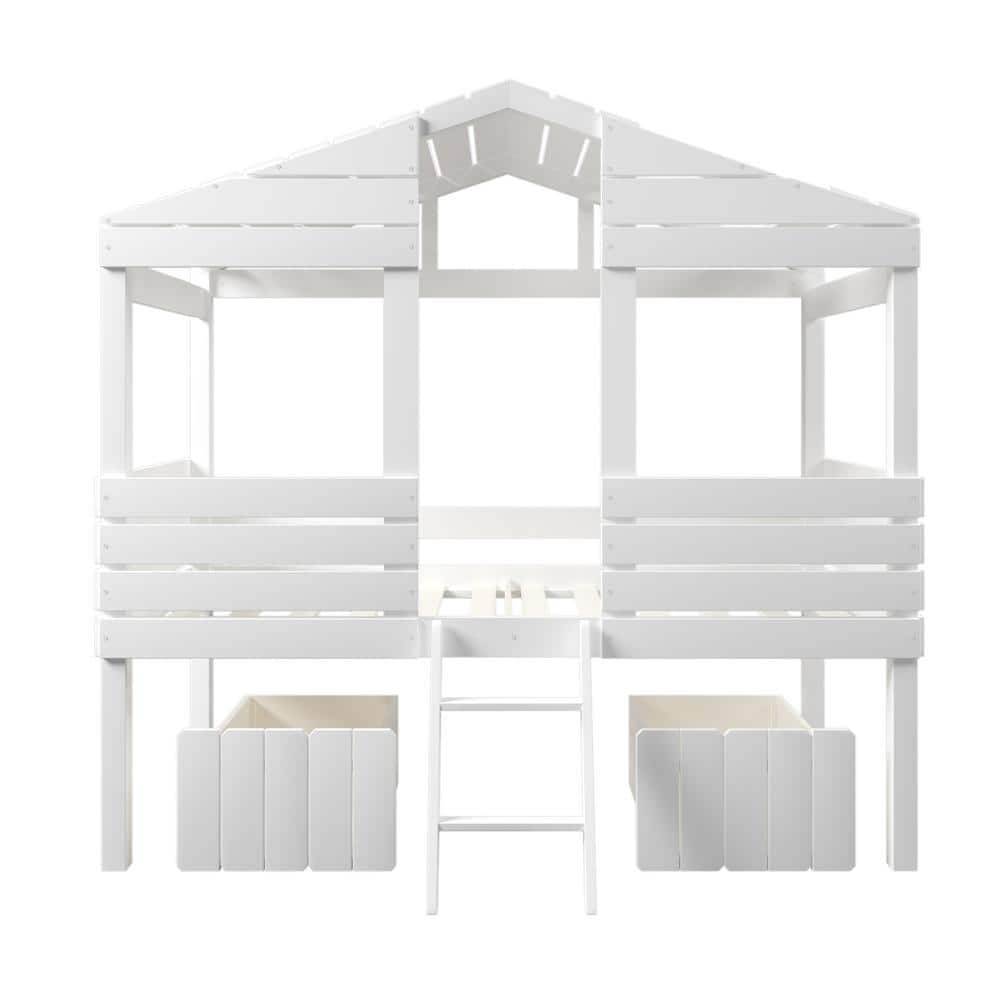 White Antique Sand Twin House Loft Bed with 2-Drawers