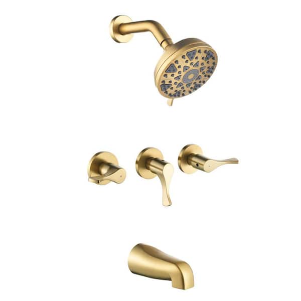 Fapully 3 Handle 2-Spray Tub and Shower Faucet 2.5 GPM, 5 in. Shower Head with 6 Functions in Brushed Gold Valve Included