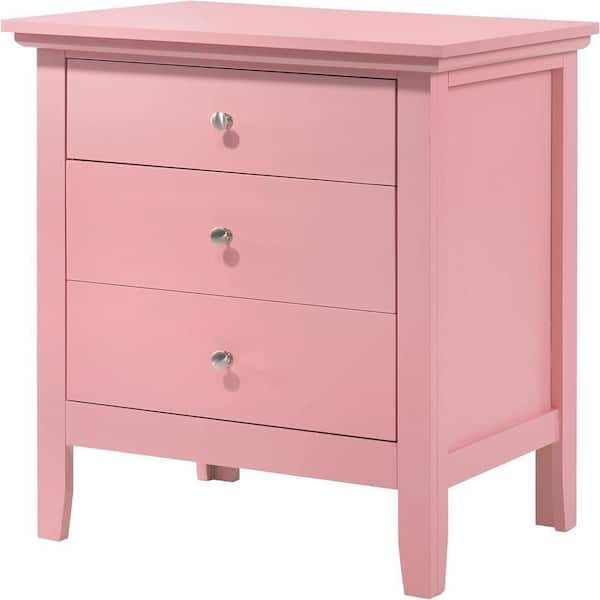 Pink Finish, 3 Drawers Nightstand