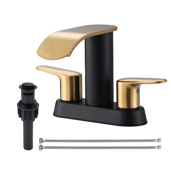 ALEASHA 4 in. Centerset Double Handle WaterFall Bathroom Faucet with Drain Kit Included in Gold and Black