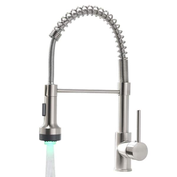 Unbranded Single Handle Pull Down Sprayer Kitchen Faucet with LED Light, Single Hole Kitchen Sink Faucet in Brushed Nickel