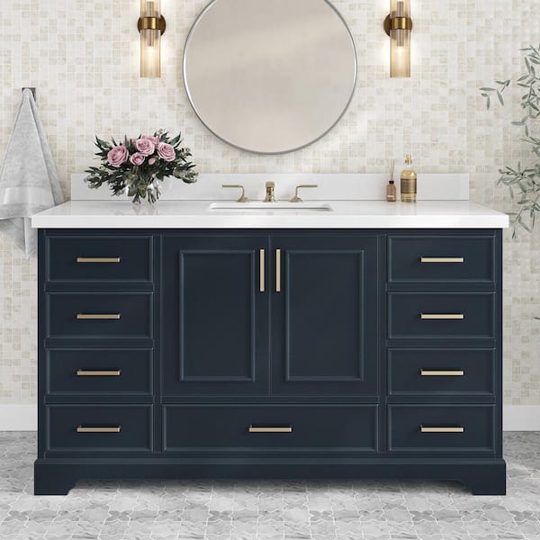 ARIEL Stafford 61 in. W x 22 in. D x 36 in. H Single Sink Freestanding Bath Vanity in Midnight Blue with Pure White Quartz Top