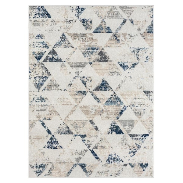 Unbranded Britny Ivory/Blue 5 ft. x 7 ft. Contemporary Geometric High-Low Plush Polyester Blend Area Rug