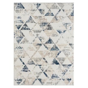 Britny Ivory/Blue 5 ft. x 7 ft. Contemporary Geometric High-Low Plush Polyester Blend Area Rug