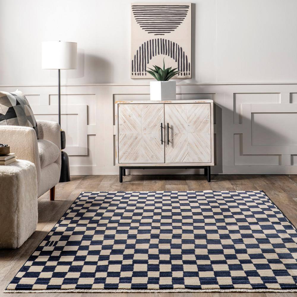 Navy and Beige Geometric Synthetic 8' x 10' Area Rug
