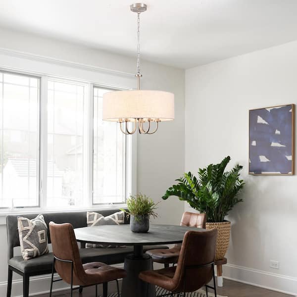 5-Light Nickel Candle Design Hanging Linear Chandelier Lighting with Cloth Shade for Kitchen Island