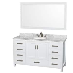 Sheffield 60 in. W x 22 in. D x 35 in. H Single Bath Vanity in White with White Carrara Marble Top and 58" Mirror