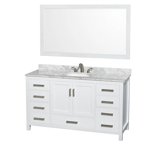 Wyndham Collection Sheffield 60 in. W x 22 in. D x 35 in. H Single Bath Vanity in White with White Carrara Marble Top and 58" Mirror
