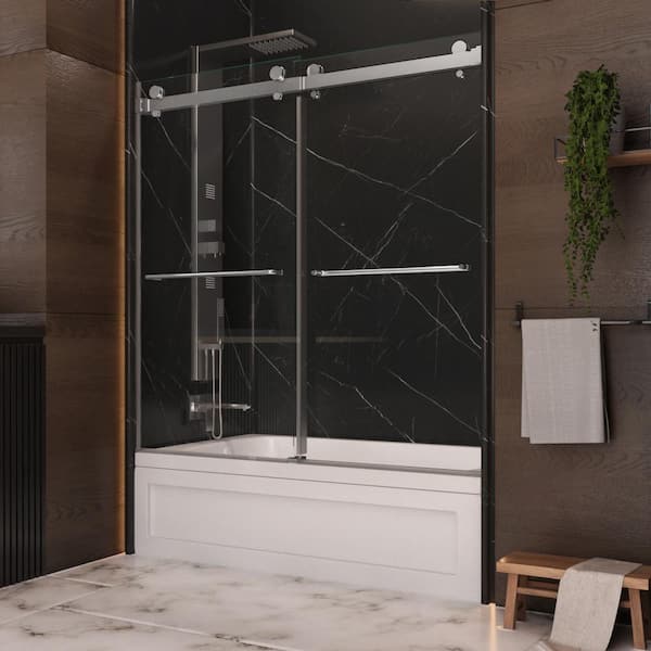 Holcam Luna 58 to 60 in. W x 60.5 in. H Sliding Bypass Frameless Tub Door in Chrome with 3/8 in. (10mm) Thick Clear Glass