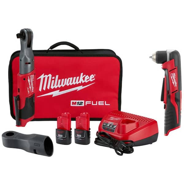 M12 FUEL 12V Lithium-Ion Brushless 1/2 in. Cordless Ratchet Kit w (2) 2. 0Ah Batteries, Charger, Bag & Right Angle Drill