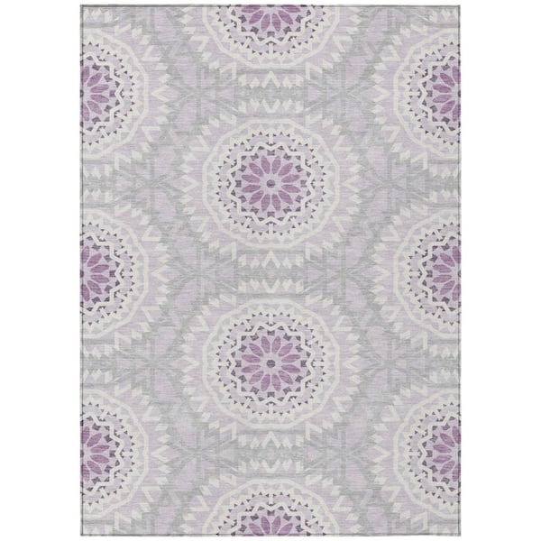 Lilac, Purple, Ivory 9 ft. x 12 ft. Woven Floral, Medallion Polyester Rectangle Indoor/Outdoor Area Rug