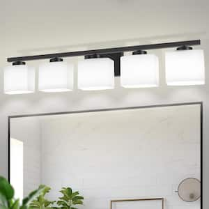 40 in. 5 Light Matte Black Modern Square Vanity Light with Milk White Glass Shades for Large Mirror in Bathroom