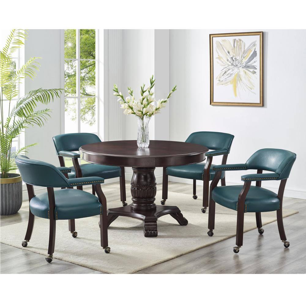 Blue Faux Leather Upholstered Wood Arm Chair