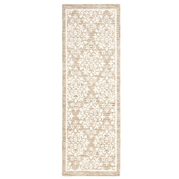 TOWN & COUNTRY LIVING Everyday Walker Damask Medallion Beige 24 in. x 72 in. Machine Washable Runner Kitchen Mat