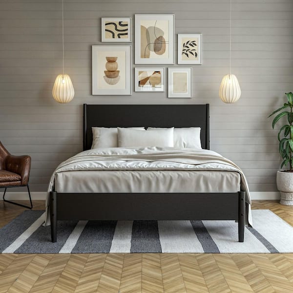 Camaflexi Mid Century Black Wood Frame Queen Platform Bed