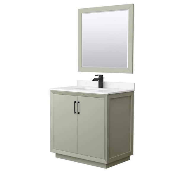 Wyndham Collection Strada 36 in. W x 22 in. D x 35 in. H Single Bath Vanity in Light Green with Carrara Cultured Marble Top and 34" Mirror