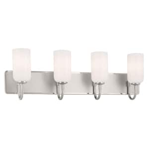 Solia 32 in. 4-Light Polished Nickel with Stain Nickel Modern Bathroom Vanity Light with Opal Glass Shades