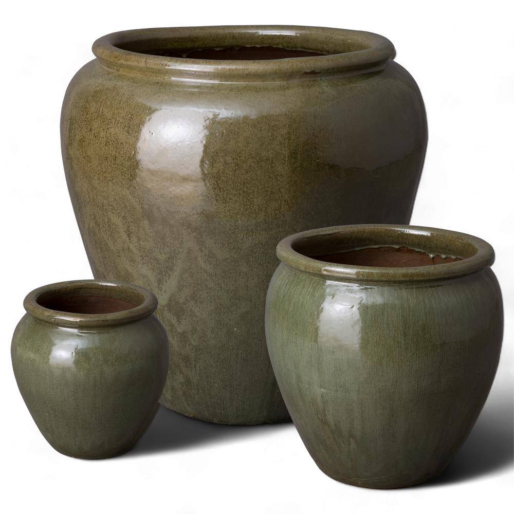 Tea Green Ceramic 13" Round Rimmed Indoor/Outdoor Planter