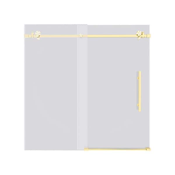 JimsMaison 60 in. W x 60 in. H Sliding Frameless Tub Door in Gold with Tempered Clear Glass