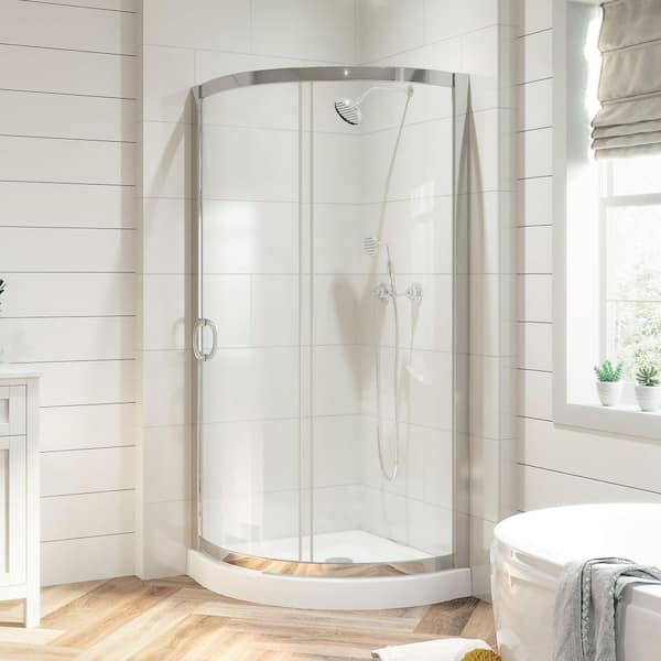Breeze 32 in. L x 32 in. W x 76.97 in. H Corner Shower Kit with Clear Framed Sliding Door in Chrome and Shower Pan