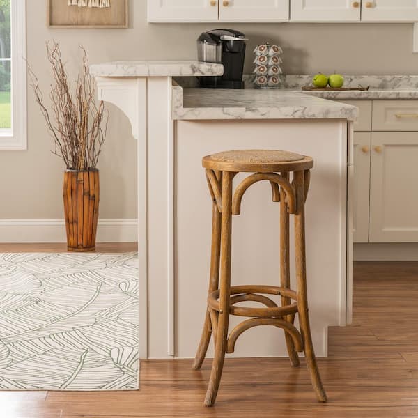 Posy 30 in. Natural Brown Backless Wood Bar Stool with Rattan Seat