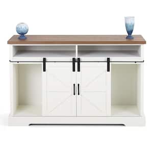 Ivory White Wood 15.7 in. Modern Buffet Sideboard With Sliding Double Barn Door and Oak Color Table Top