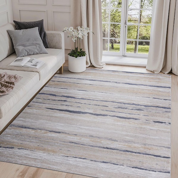 LOOM & LUXE Collection 5 ft. X 7.5 ft. Ivory Striped Non-Shedding Stylish and Stain Resistant Area Rug