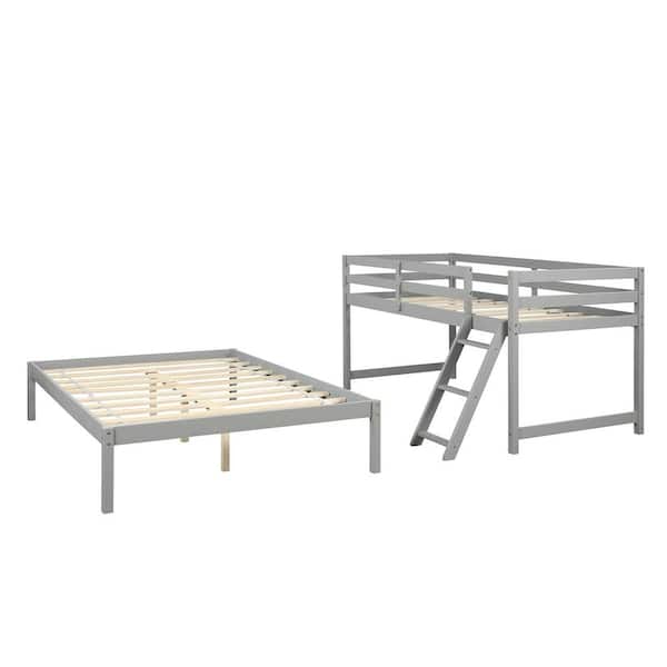 Magic Home Gray Twin Over Full Wood Frame Bunk Bed Daybed with Guardrail