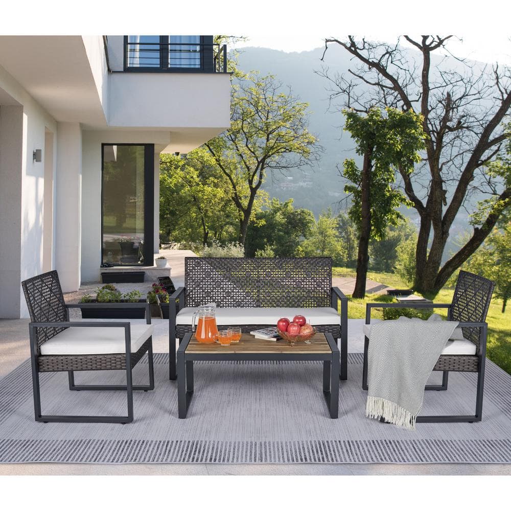 4-Piece Outdoor Brown Rattan Wicker Patio Conversation Set with Acacia Wood