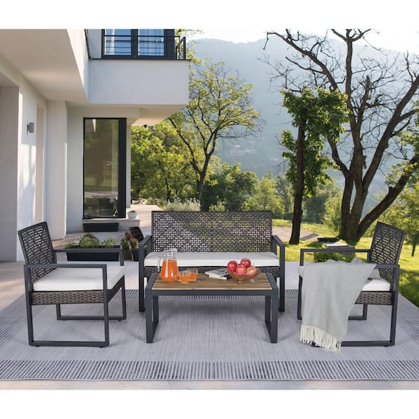 Unbranded 4-Piece Outdoor Brown Rattan Wicker Patio Conversation Set with Acacia Wood Table Top, Beige Cushion, Adjustable Height