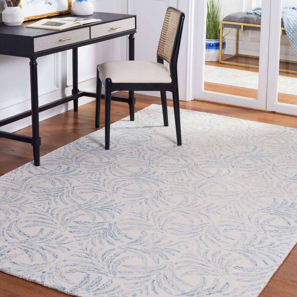 Ivory and Blue Handmade Tufted Wool Silk Area Rug 3' x 5'