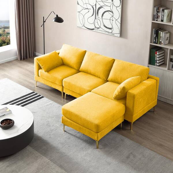 Harper Bright Designs 92.9 in Wide Square Arm Polyester Modern L shaped Sofa in. Yellow with Ottoman and 2 Pillows GCCPS00081