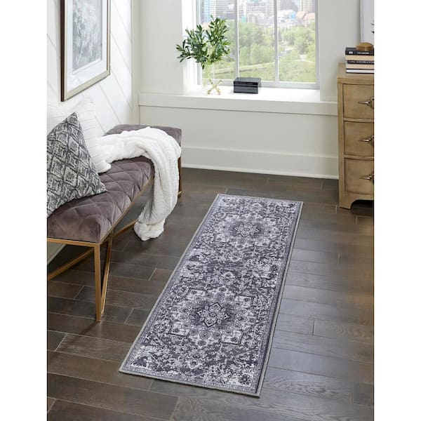 Renaissance Roma Dark Gray 2 ft. x 13 ft. Runner Machine Washable Area Rug