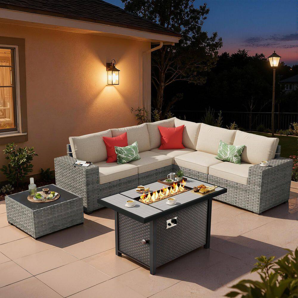 Baldwin Gray 7-Piece Wicker Wide Arm Outdoor Patio Sofa Sectional Set with Metal Fire Pit and Beige Cushions price history on PriceWatchPro