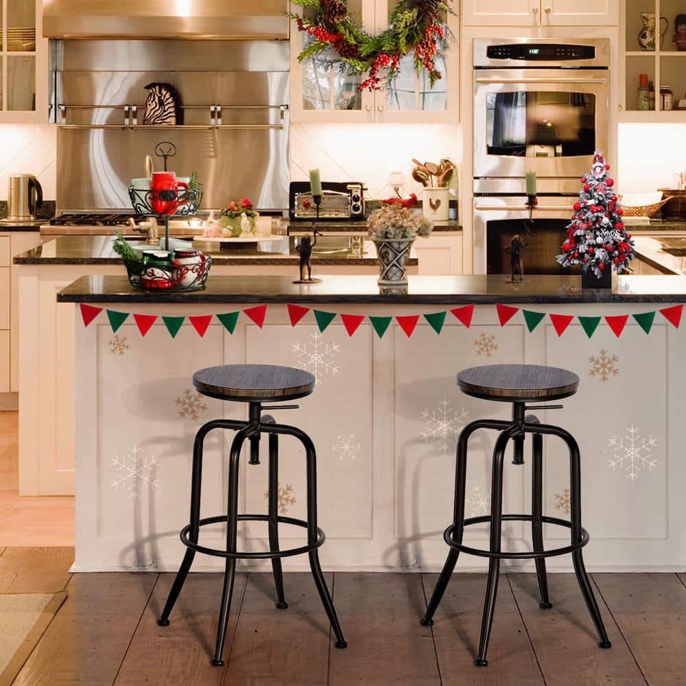 FurnitureR Anacletus Walnut color Swivel Adjustable Height Bar Stools,Set of 2