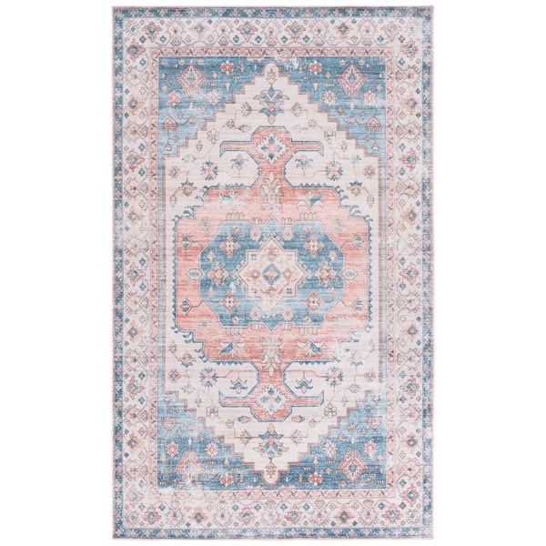 Arizona 4 ft. x 6 ft. Beige/Light Blue Machine Washable Transitional Medallion Distressed Area Rug