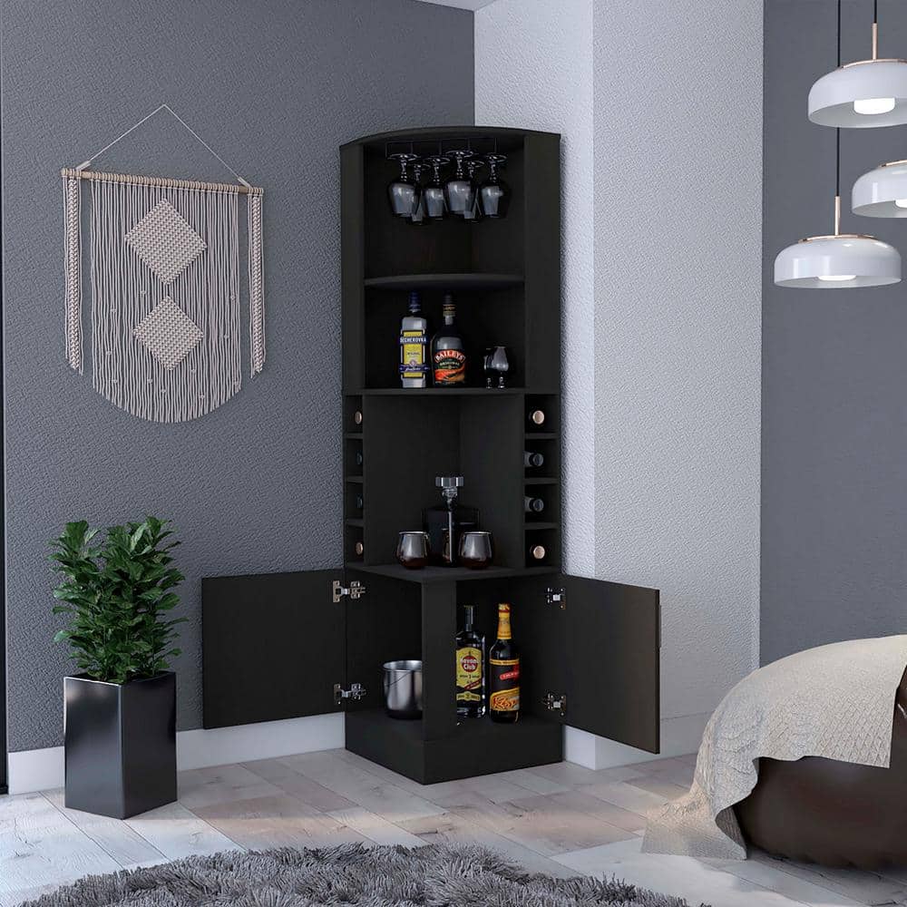 8-Bottle Black Particle Board Bar Cabinet Double Door, Black Wengue Finish 