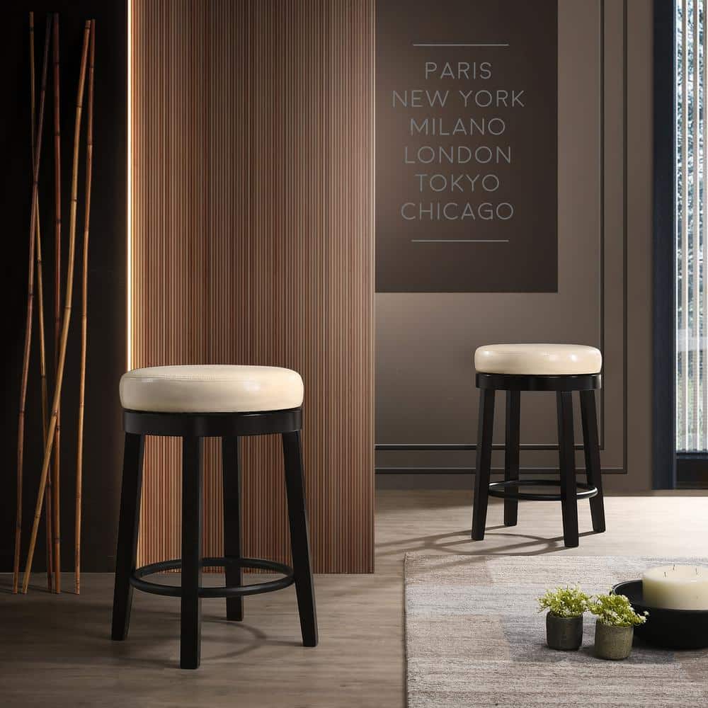 Era 24" Cream and Espresso Swivel Leatherette Counter Stool, Set of 2