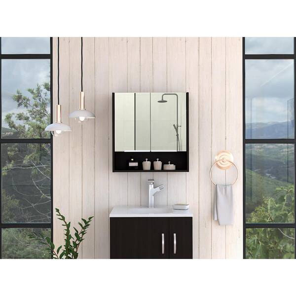 Zeus & Ruta Beige 23.6 in. W x 24.6 in. H Rectangular Particle Board Mirror Medicine Cabinet with Mirror Surface Mount Double Door