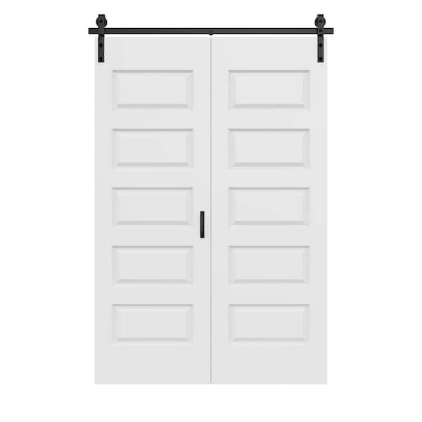 56 in. x 84 in. Paneled 5-Lite White Primed Hollow Core MDF Composite Bi-Fold Door with Bifold Barn Door Hardware