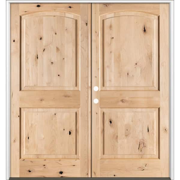 60 in. x 80 in. Rustic Knotty Alder 2-Panel Arch-Top Active Right Double Unfinished Wood Prehung Front Door
