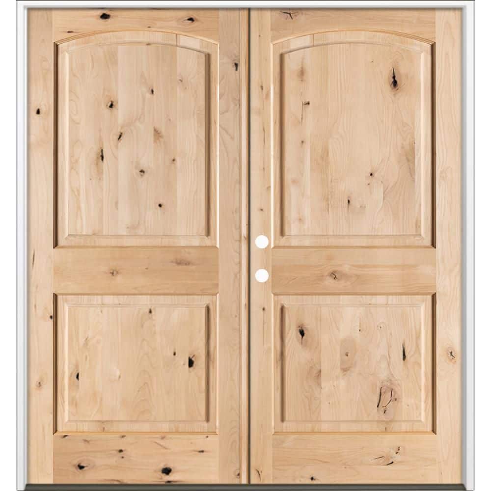 64 in. x 80 in. Rustic Knotty Alder 2-Panel Arch-Top Active Right Double Unfinished Wood Prehung Front Door price history on PriceWatchPro