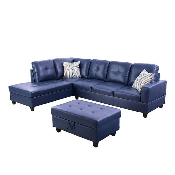Star Home Living 25 in. Round Arm 3-Piece Faux Leather L-Shaped Sectional Sofa in Blue